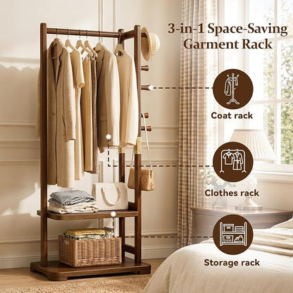 Taitiy Coat Rack Solid Wood Clothes Rack with 2 Shelves & 5 Hooks for Hanging Clothes Garment Wallets Hats, Clothing Rack Coat Rack Freestanding Hall Tree with Storage for Hallway Bedroom Living Room