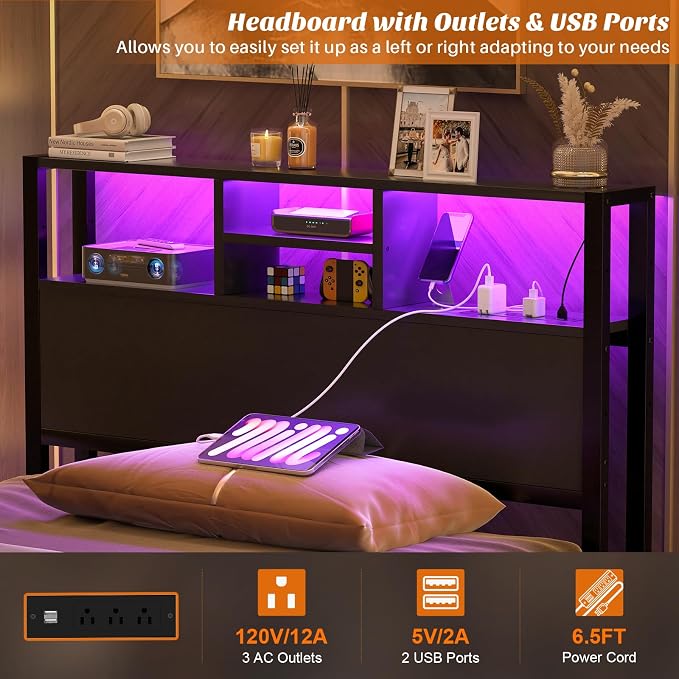 Aheaplus Headboard for Twin Size Bed with Storage, Headboards with Outlets, USB Ports and LED Light, Twin Size Head Board Only, Height Adjustable, Reversible, Sturdy and Stable Headboard, Black
