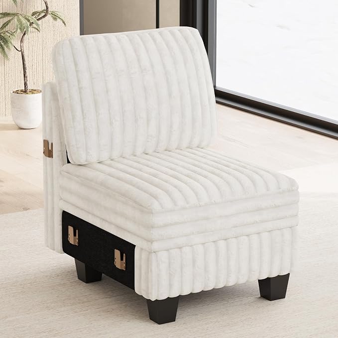Belffin Plush Corduroy Single Module with Storage for Modular Sectional Sofa Beige Couch