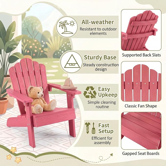 Giantex Kids Adirondack Chair, All-Weather HIPS Children's Outdoor Chair with Tilted High Backrest, Toddler Beach Chair for Garden Patio Backyard, Kids Lawn Chairs for Age 3-7 (2,Pink)