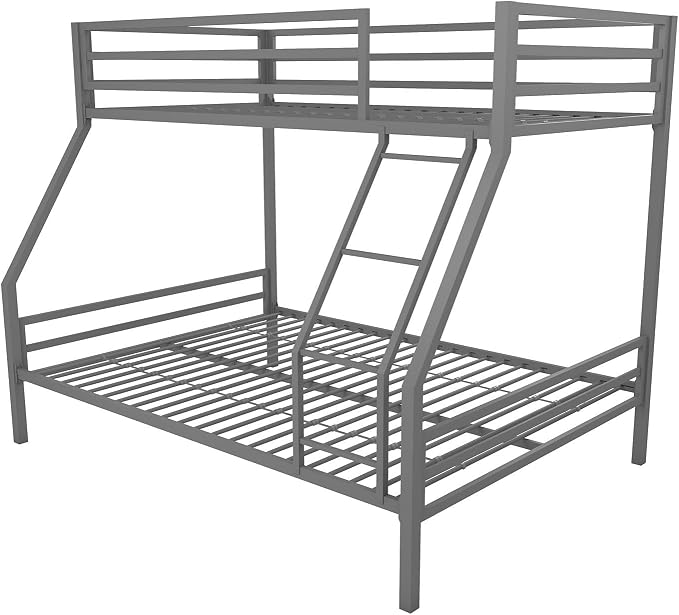 Novogratz Maxwell Metal Bunk Bed Frame for Kids and Teens, with Angled Ladder, High Guardrail and Metal Slats, No Boxspring Required, Underbed Storage Space, Twin-Over-Full, Gray