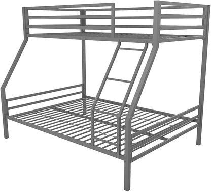 Novogratz Maxwell Metal Bunk Bed Frame for Kids and Teens, with Angled Ladder, High Guardrail and Metal Slats, No Boxspring Required, Underbed Storage Space, Twin-Over-Full, Gray