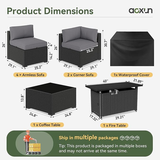 Aoxun 8 Piece Patio Furniture Set with 44” Fire Pit Table, Wicker Rattan Patio Sectional Sofa, Outdoor Furniture Set with Thickened Cushion, Grey