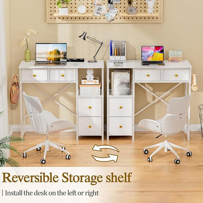 3IngSeagulls Small Computer Desk with 4 Fabric Drawers, Simple Writing Desk for Home Office, Compact Study Desks for Small Spaces, Kids Desk Study for Bedroom, White