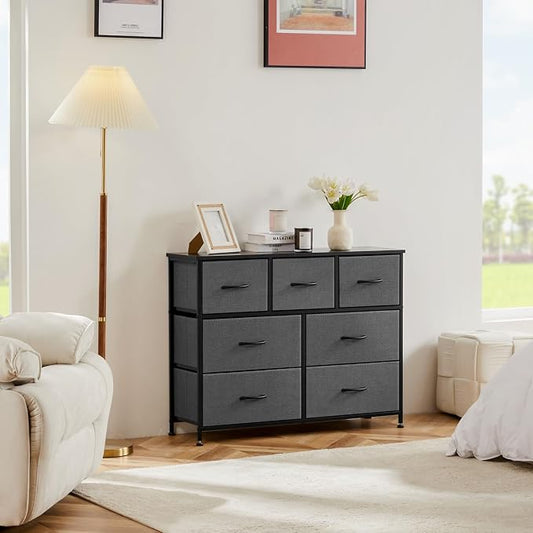 OLIXIS 7 Drawers Dresser for Bedroom, Fabric Storage Tower for Living Room, Entryway - Sturdy Steel Frame, Wooden Top & Easy Pull Fabric Bins, Closet Chests Organizer for Clothes, Classic Grey