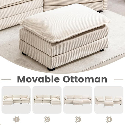 78'' Modular Sectional Cloud Couch with Movable Ottoman, 3 Seat Comfy Modern Corduroy Sofa with 2 Throw Pillows, Deep Seat L Shaped Couch for Living Room Bedroom Apartment, Beige