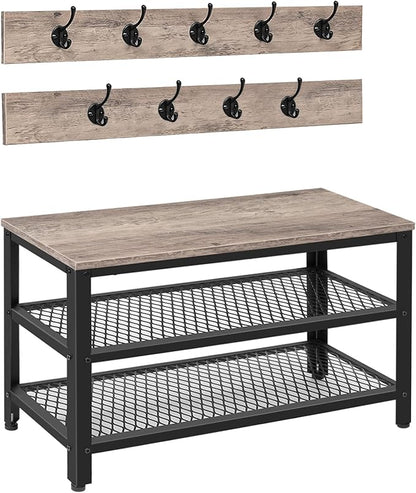 HOOBRO Hall Tree Entryway Storage Bench, Coat Rack Shoe Bench, Shoe Rack Organizer with Coat Hooks, 3-in-1 Design, Wooden Furniture with Metal Frame, Greige and Black BG17MT01