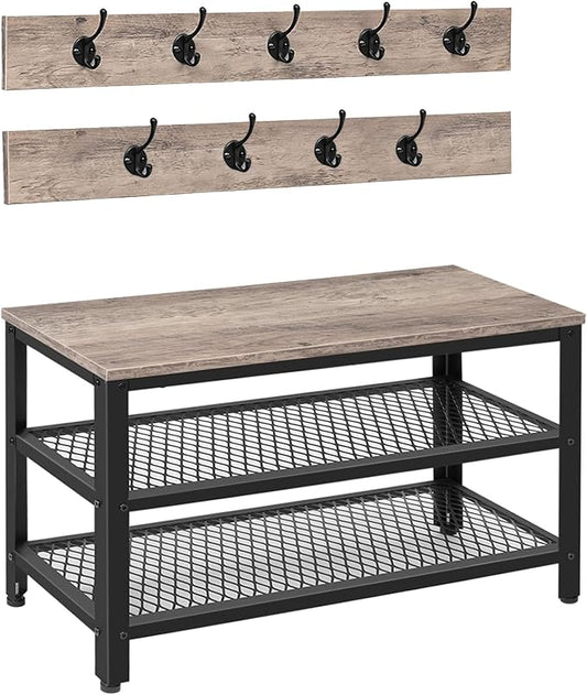 HOOBRO Hall Tree Entryway Storage Bench, Coat Rack Shoe Bench, Shoe Rack Organizer with Coat Hooks, 3-in-1 Design, Wooden Furniture with Metal Frame, Greige and Black BG17MT01