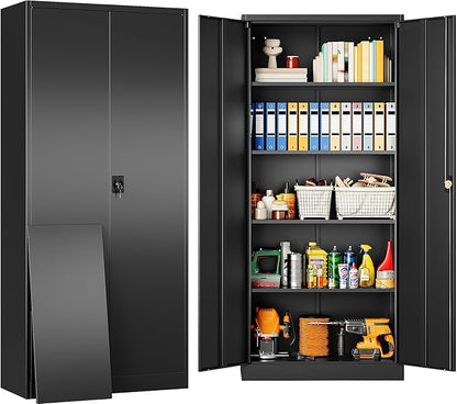 SISESOL Metal Storage Cabinet with 2 Doors and 5 Shelves,71" Lockable Garage Storage Cabinet,Black Metal Cabinets with Lock,Locking Steel Cabinets for Home,Office,Garage,Shop,School