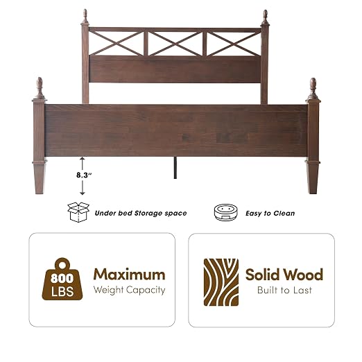 Queen Size Bed Frame with Headboard & Footboard, Solid Wood Platform Bed, Central Metal Legs, 12 Sturdy Slatted Base, Noise-Free & Anti-Slip, No Box Spring Needed, Dark Roast Oak Finish RIQ-32