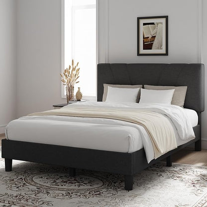 Novilla King Size Bed Frame with Adjustable Headboard Platform King Bed Frame Linen Fabric Upholstered Headboard, No Box Spring Needed, Noise-Free, Wooden Slats Support, Easy Assembly, Dark Grey
