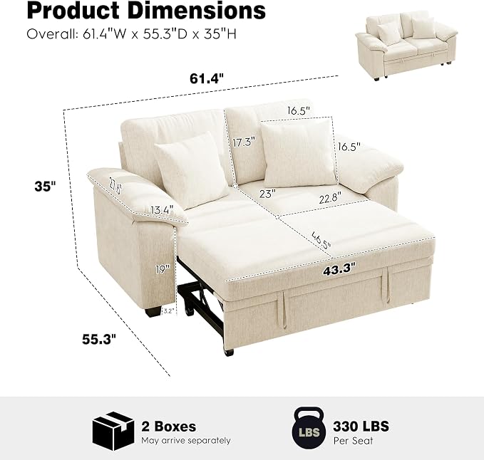Ihanherry 61" Loveseat Sleeper Sofa, 2-in-1 Pull Out Couch Bed with 2 Pillows, Chenille Convertible Sofa Bed, Small Space Sleeper Couch for Living Room Apartment (Beige)