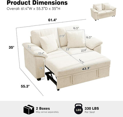 Ihanherry 61" Loveseat Sleeper Sofa, 2-in-1 Pull Out Couch Bed with 2 Pillows, Chenille Convertible Sofa Bed, Small Space Sleeper Couch for Living Room Apartment (Beige)