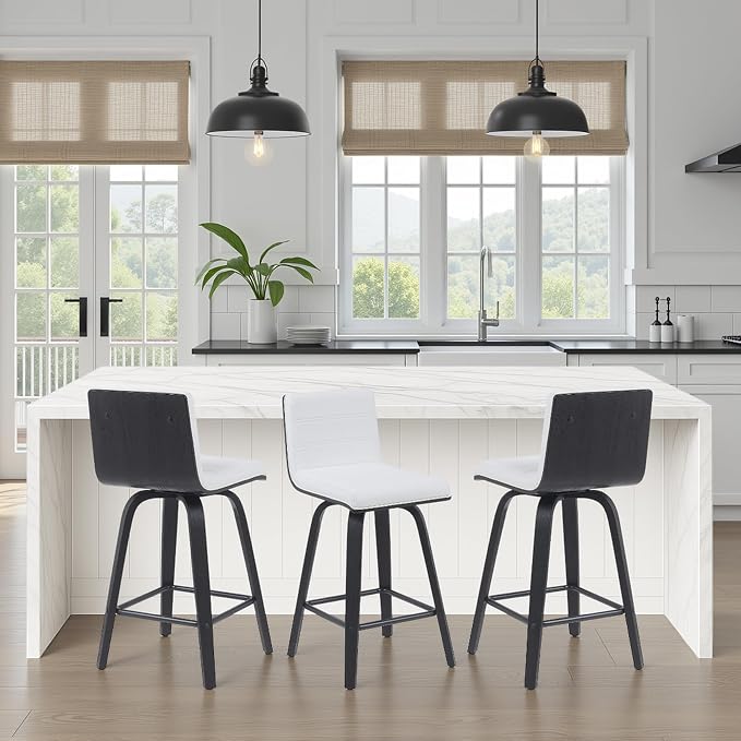 Armen Living Vienna Modern Swivel 26" Counter Height Barstool with White Faux Leather and Black Wood Finish