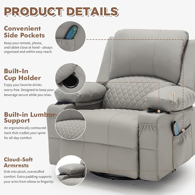 Faux Leather Recliner Chair with Heat and Massage Cup Holder, Overstuffed Swivel Rocker Recliner Chair Rocking Glider Chair Lounge Chair, Light Grey