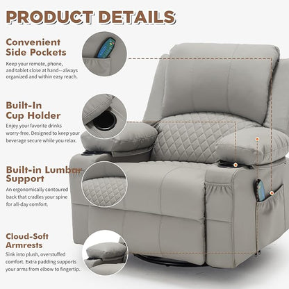 Faux Leather Recliner Chair with Heat and Massage Cup Holder, Overstuffed Swivel Rocker Recliner Chair Rocking Glider Chair Lounge Chair, Light Grey