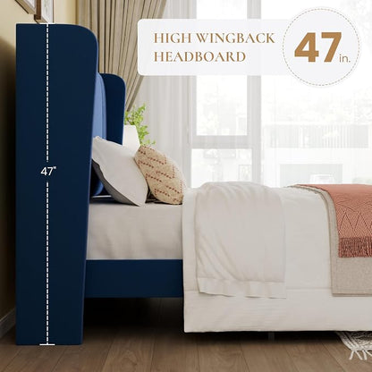 SHA CERLIN King Size Velvet Upholstered Platform Bed Frame with Vertical Channel Tufted Wingback Headboard, Wooden Slats Support, Easy Assembly, Under Bed Storage, No Box Spring Required, Blue
