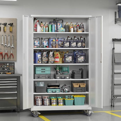 VINGLI Large Metal Storage Cabinet with 2 Doors and 5 Adjustable Shelves, Upgraded Height & Wide & Deep, 40''W x 20''D x 72''H, Oversized Garage Storage Cabinet with Wheels and Locks (White)