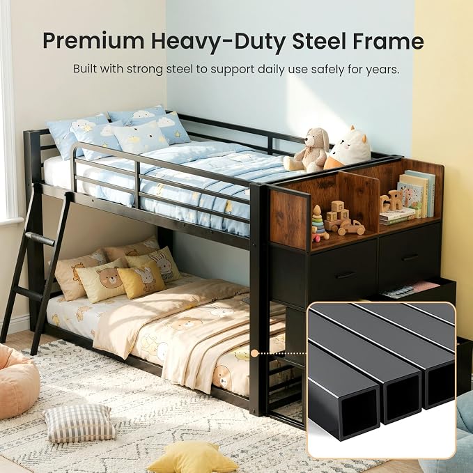 Mixcous Twin Over Twin Metal Loft Bed, Low Bunk Bed with Reversible Storage Dresser, Kids Teens Floor Bunk Bed with Drawers, Full-Length Guardrails, No Box Spring Needed, Black | 6 Drawers