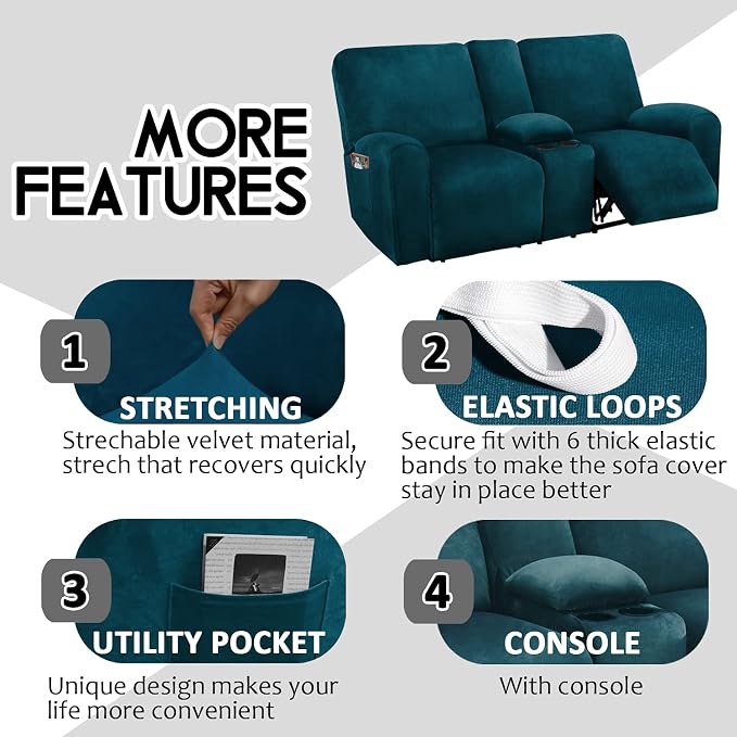 Ultimate Decor Reclining Love Seat with Middle Console Slipcover, 8-Piece Velvet Stretch Loveseat Reclining Sofa Covers, 2 seat Love seat Recliner Cover, Thick, Soft, Washable, (Deep Teal)