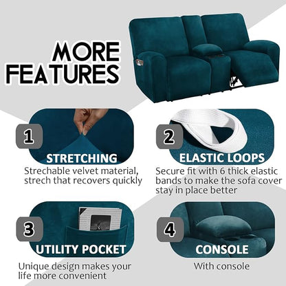 Ultimate Decor Reclining Love Seat with Middle Console Slipcover, 8-Piece Velvet Stretch Loveseat Reclining Sofa Covers, 2 seat Love seat Recliner Cover, Thick, Soft, Washable, (Deep Teal)
