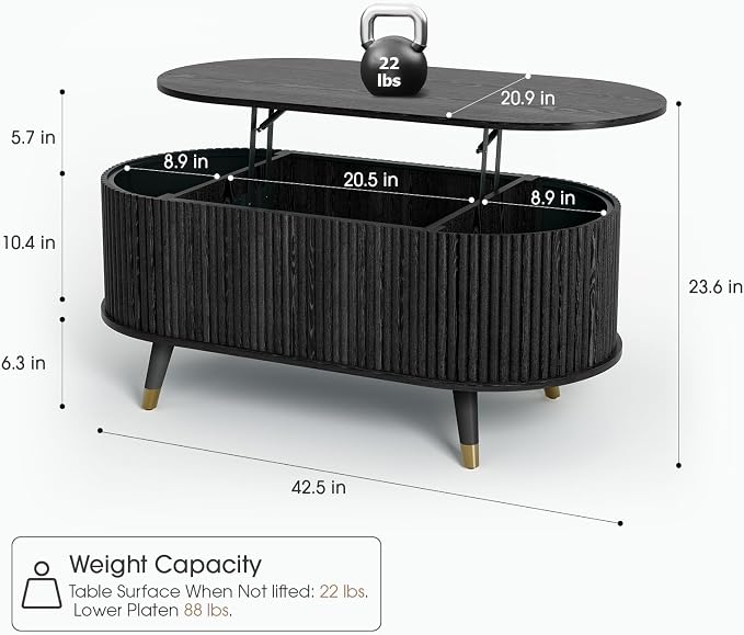 JOINICE 42.5" Oval Lift Top Coffee Table with Storage,Modern Black Center Table with Fluted Design, Solid Wood Legs & Hidden Compartment, Pop Up Coffee Table for Living Roomm