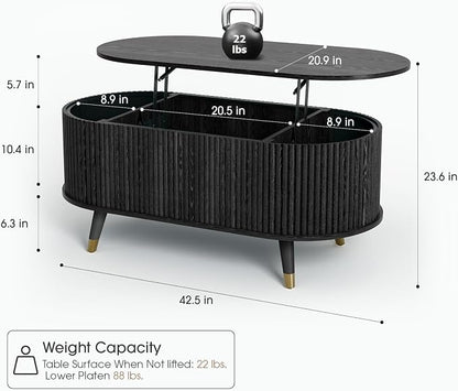 JOINICE 42.5" Oval Lift Top Coffee Table with Storage,Modern Black Center Table with Fluted Design, Solid Wood Legs & Hidden Compartment, Pop Up Coffee Table for Living Roomm