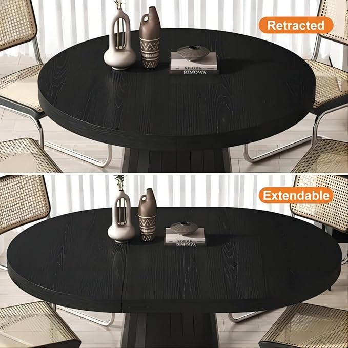 homary Extendable Dining Table for 6 Round to Oval 39"-55", Solid Wood Kitchen Table for 4-6 People, Space-Saving Design for Small Spaces & Family Gatherings
