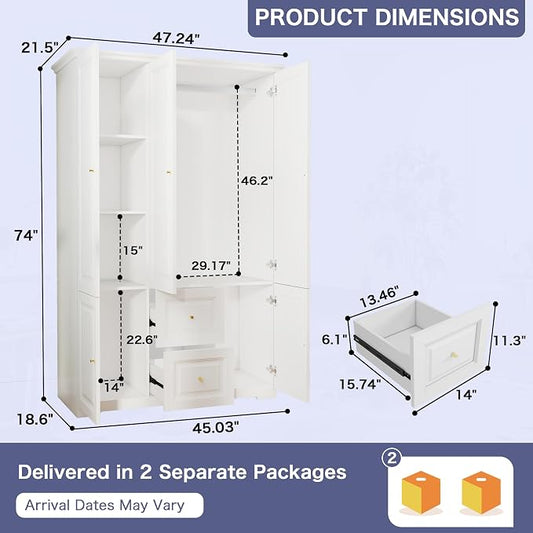 Armoire Wardrobe Closet with Drawers: 74" White Wardrobe with 2 Drawers, 3 Doors Bedroom Armoires with Hanging Rod, Tall Closet Cabinet for Hanging Clothes (47")
