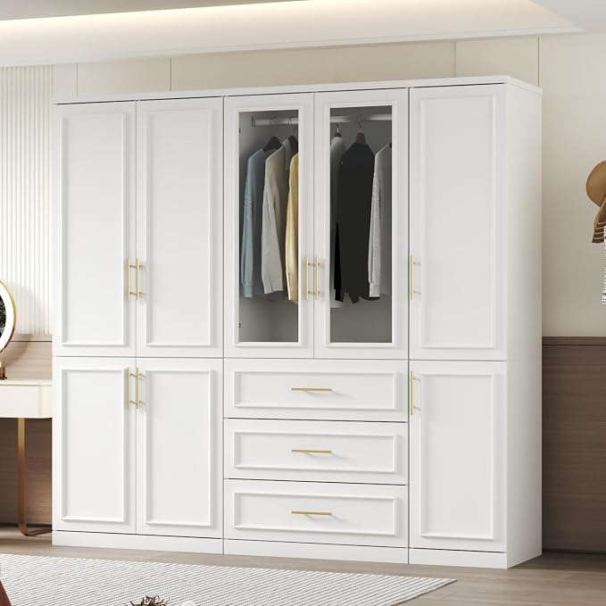 Timechee Almirah for Clothes, White Large Wardrobe Closet System, Bedroom Storage Cabinets with Tempered Glass Doors and Shelves,Hanging Rods, Standing Armoire Wardrobe Closet with Drawers for Bedroom