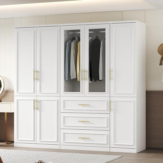 Timechee Almirah for Clothes, White Large Wardrobe Closet System, Bedroom Storage Cabinets with Tempered Glass Doors and Shelves,Hanging Rods, Standing Armoire Wardrobe Closet with Drawers for Bedroom