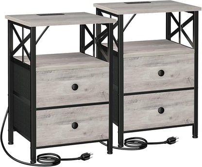 AMHANCIBLE Nightstands Set of 2, Night Stand with Charging Station, Small Bedside Table with 2 Fabric Drawers, End Tables Living Room with USB C Ports for Bedroom, Greige HET05XGY