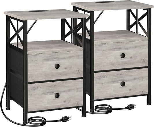 AMHANCIBLE Nightstands Set of 2, Night Stand with Charging Station, Small Bedside Table with 2 Fabric Drawers, End Tables Living Room with USB C Ports for Bedroom, Greige HET05XGY