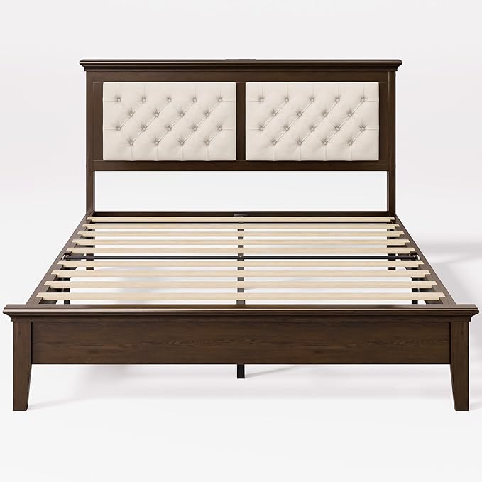 Lifezone Solid Wood Queen Size Bed Frame 41.5” Tall Diamond-Tufted Upholstered Headboard, American Classic Flat-Top Bed, Stable Structure, Wood Slats Support, Noise-Free, No Box Spring Needed, Walnut