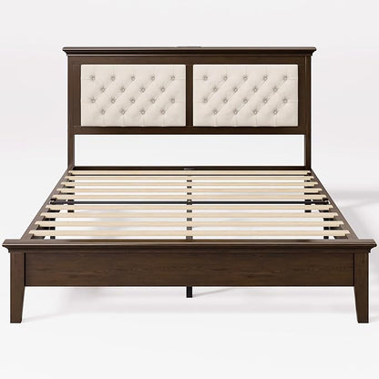 Lifezone Solid Wood Queen Size Bed Frame 41.5” Tall Diamond-Tufted Upholstered Headboard, American Classic Flat-Top Bed, Stable Structure, Wood Slats Support, Noise-Free, No Box Spring Needed, Walnut