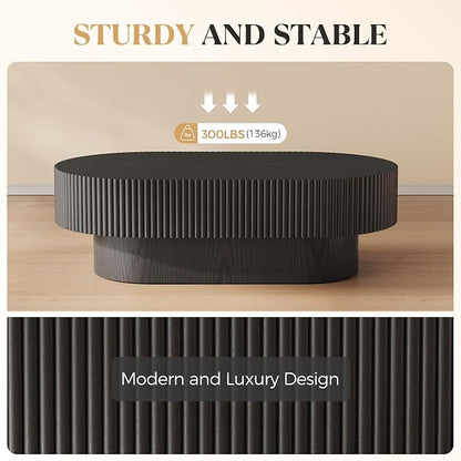 YOUDENOVA 43.7” Oval Coffee Table, Modern Wood Fluted Coffee Table for Living Room, Veneer Handcrafted Relief Center Table with Sturdy Pedestal，Easy Assembly - Black