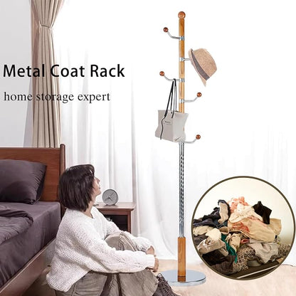 Wooden Coat Rack Freestanding, Hall Tree Hanger With Resin Hooks, Adjustable Heavy Duty Coat Rack for Hanging Clothes Bags Hats in Living Room Bedroom (coat rack, metal-Walnut color)