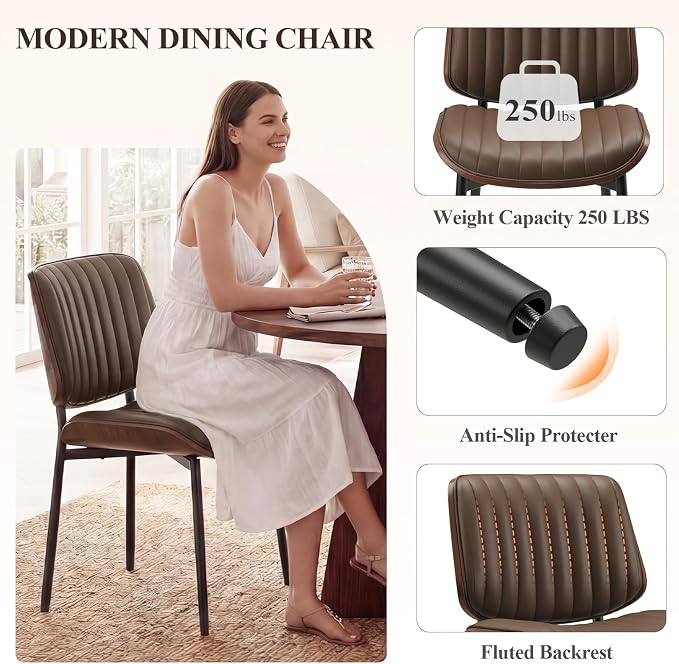 MALOL Leather Dining Chairs Set of 4, Modern Upholstered Dining Room Kitchen Chairs with Metal Legs and Wooden Back Support for Home Dining Room/Restaurant, Brown