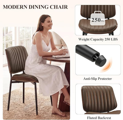 MALOL Leather Dining Chairs Set of 6, Modern Upholstered Dining Room Kitchen Chairs with Metal Legs and Wooden Back Support for Home Dining Room/Restaurant, Brown