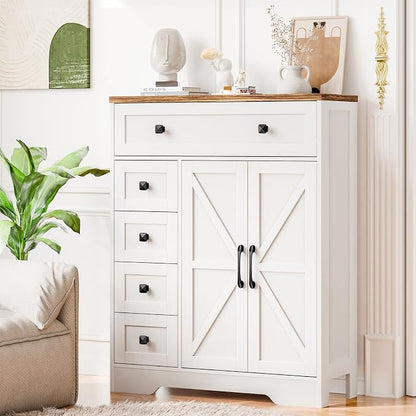 Vabches Farmhouse Storage Cabinet with 2 Doors and 5 Drawers, Freestanding Bathroom Cabinets Kitchen Pantry, Floor Storage Cabinet Hutch Cupboard for Living Room/Bathroom/Kitchen. Unique White