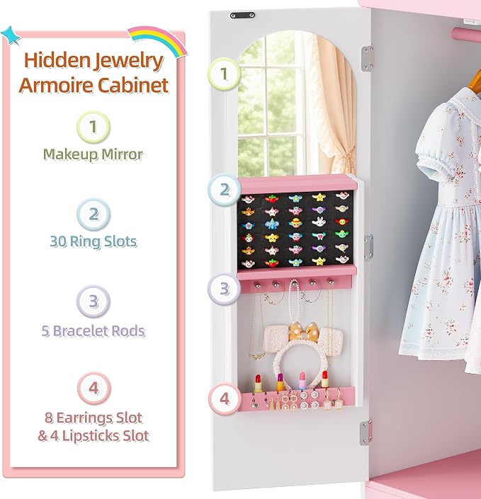 Kids Dress Up Storage with Hidden Jewelry Armoire, Wooden Princess Pretend Play Closet Wardobe Center with Mirror, Toddler Armoire Organizer with Hanging Area & Shoe Cubbies, Pink/White