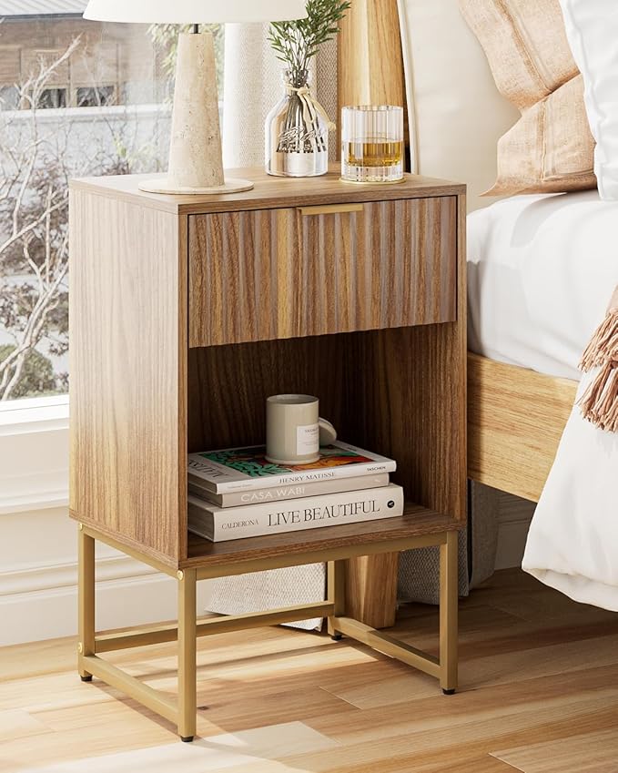 Masupu Fluted Nightstand,Modern Night Stand Wood Bedside Table with Storage Drawer Side End Table for Bedroom,Office,Walnut Brown