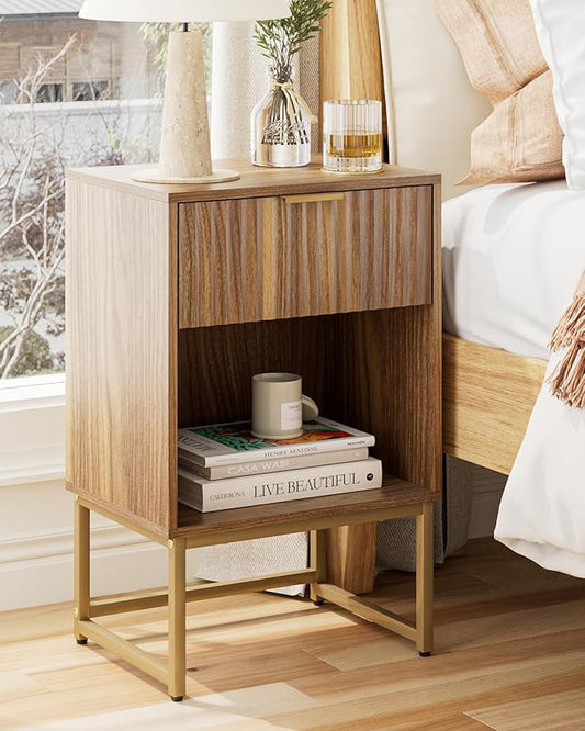 Masupu Fluted Nightstand,Modern Night Stand Wood Bedside Table with Storage Drawer Side End Table for Bedroom,Office,Walnut Brown