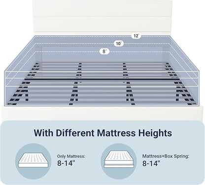 Allewie King Size Platform Bed Frame with Velvet Upholstered Headboard and Wooden Slats Support, Fully Upholstered Mattress Foundation/No Box Spring Needed/Easy Assembly, White