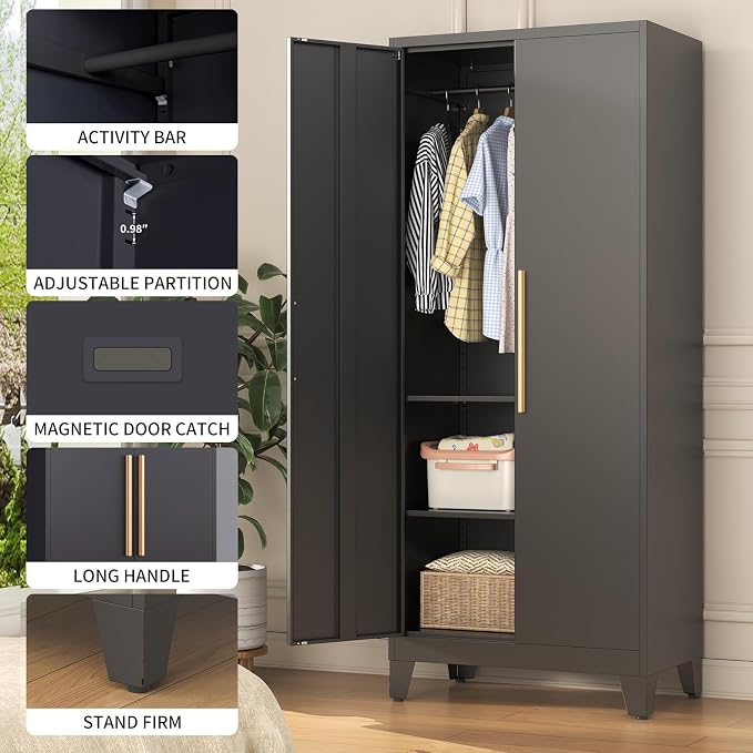 72" Tall Metal Armoire Wardrobe Closet - Large Clothing Storage Cabinet with Mirror Doors, 2 Hanging Rod & Adjustable Shelve - Closet Organizer for Bedroom, Office, Laundry Room, Garage - Green