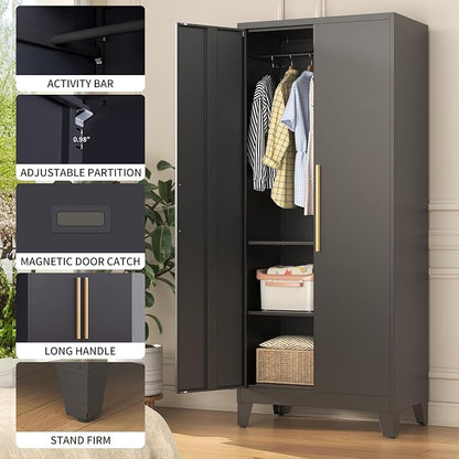 72" Tall Metal Armoire Wardrobe Closet - Large Clothing Storage Cabinet with Mirror Doors, 2 Hanging Rod & Adjustable Shelve - Closet Organizer for Bedroom, Office, Laundry Room, Garage - Green