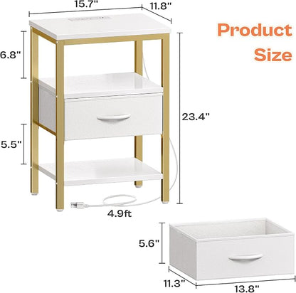 SUPERJARE Nightstand with Charging Station, Bed Side Table with Adjustable Fabric Drawer, Night Stand for Bedroom, 3-Tier Storage End Table, for Living Room, White and Gold