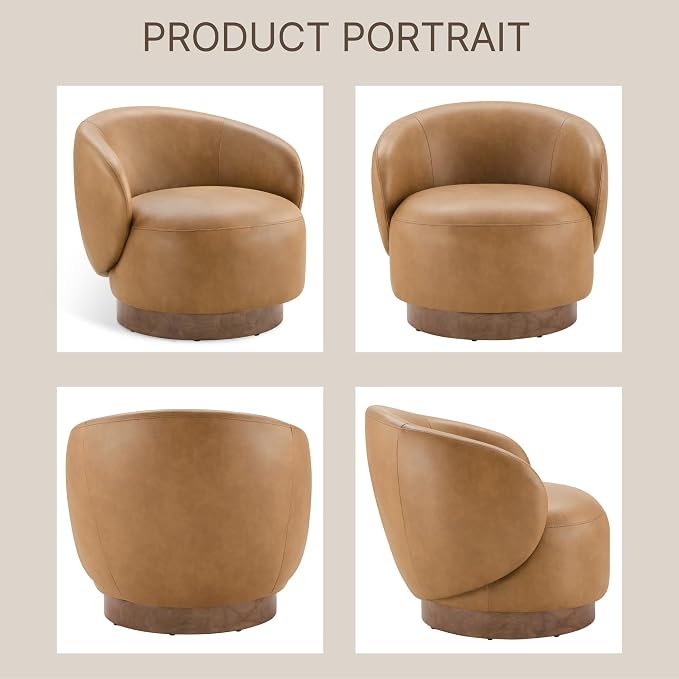 KISLOT Swivel Accent Chair Modern Round Barrel Armchair with Upholstered Faux Leather for Living Room Bedroom Waitingroom,2 Box,Brown