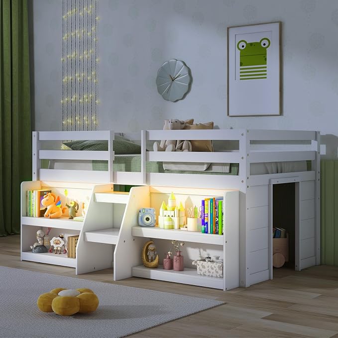 Giantex Twin Loft Bed with LED Lights, Wooden Loft Bed Twin Size with Stairs & Safety Guardrail, Low Loft Bed for Kids with Storage Bookcase and Under-Bed Play Space, White