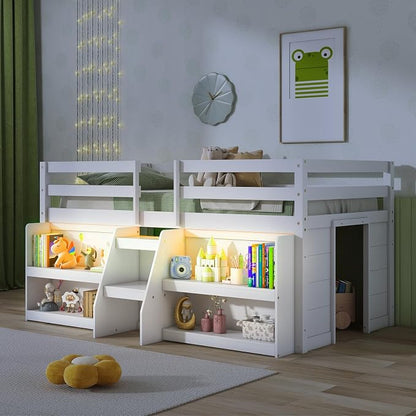 Giantex Twin Loft Bed with LED Lights, Wooden Loft Bed Twin Size with Stairs & Safety Guardrail, Low Loft Bed for Kids with Storage Bookcase and Under-Bed Play Space, White